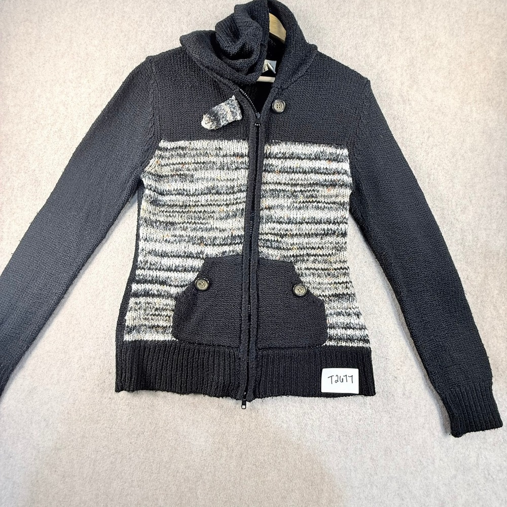 BKE Womens XL Full Zip Hooded Sweater Black Grey Striped Knit Cardigan F82361